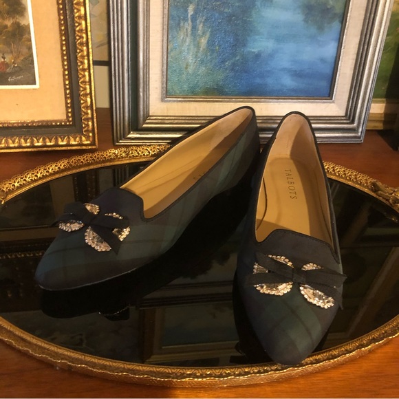 🎁 2 FOR $60 Talbots Blue & Green Plaid Pointed Toe Flats Rhinestone Bow - Picture 5 of 13